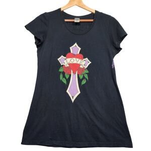 Ed Hardy Black Cross Graphic Scoop Neck Tshirt Size Med
